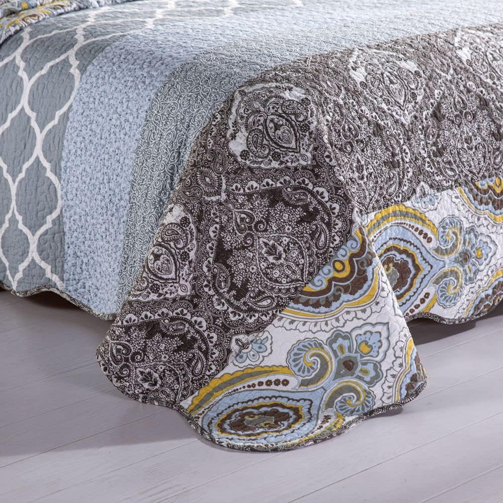 YAYIDAY Oversized Queen Quilt Set Patchwork Bedspread (110x118 Inch) - 100% Cotton Reversible Breathable Grey Quilted Coverlet with Pillow Shams Fit All Seasons