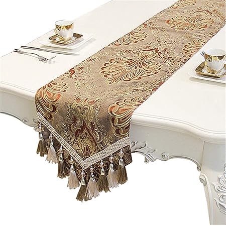 Vntage Luxury Teal Damask Table Runner Wth Mult-Tassels, 13x72nch - View #3