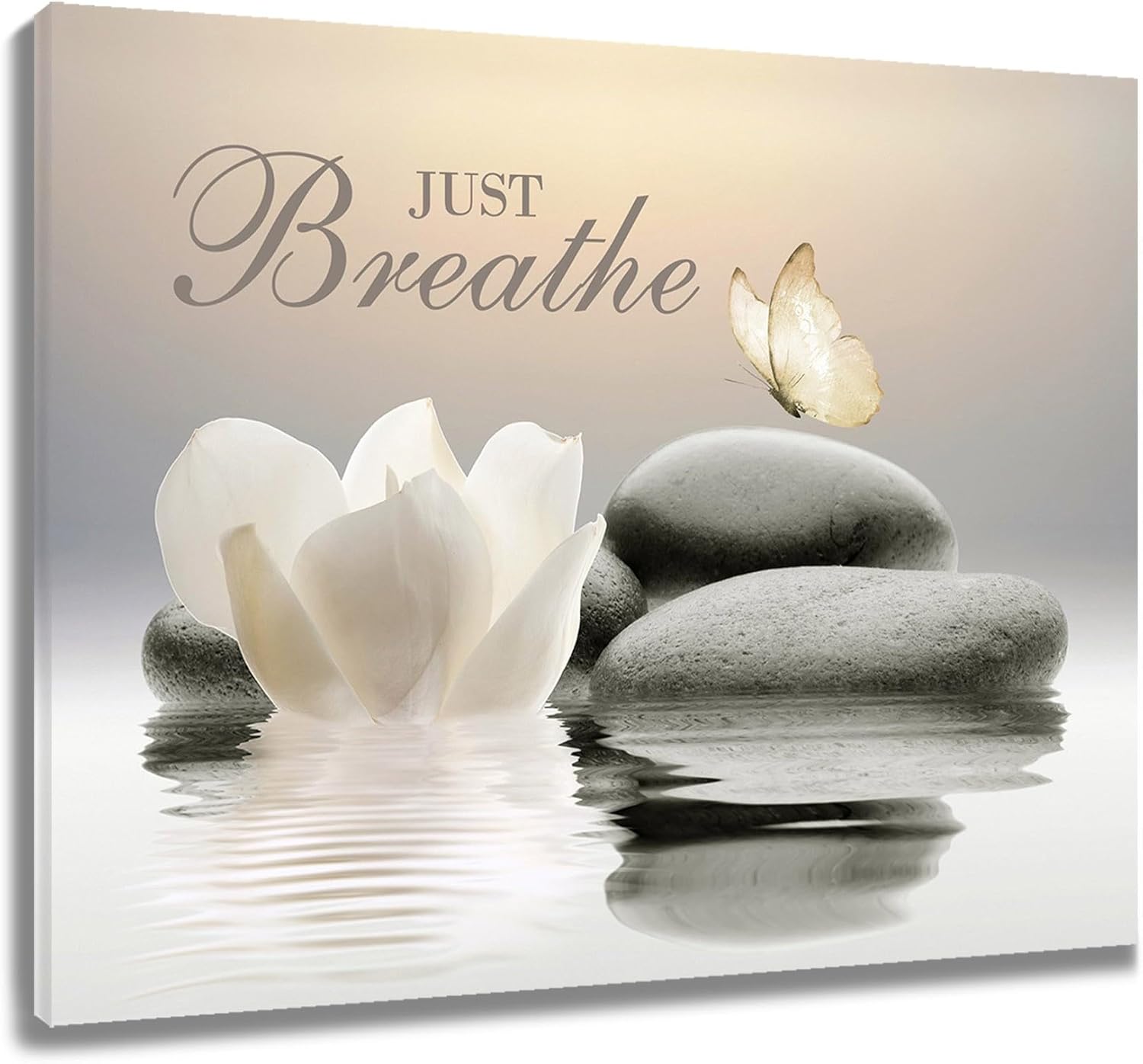 EOBTAIN Zen Wall Art Butterfly and Water Lily Flower Stone Relaxing Spa Spiritual Yoga Bathroom Canvas Wall Art 24x16 Inches Just Breathe Canvas Art Wall Decor for Living Room Bedroom