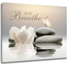 EOBTAIN Zen Flower Canvas Wall Art Bathroom Butterfly and Water Lily Stone Relaxing Spiritual Yoga Framed Wall Art Just Breathe Pictures Canvas Wall Decor for Living Room Bedroom,12x16 Inches