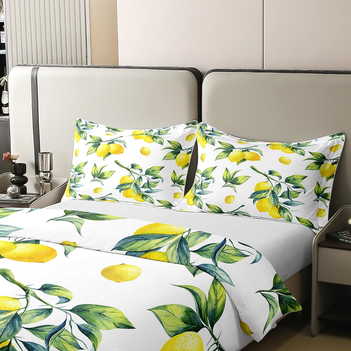 Loussiesd Zitrone 100% Baumwolle Bettwäsche Set 135x200cm Botanical Lemon Muster Betten Set Raum Dekorative Tropische Früchte Bettbezug Set Baumwolle für Schlafzimmer Gelb Grün Bettwäsche-Set