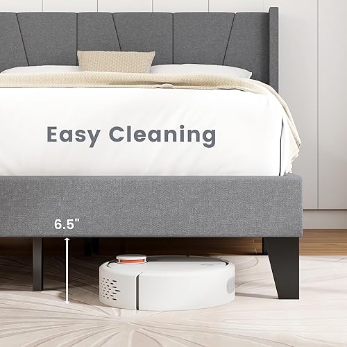 Miniatura 7 de KOMFOTT Base de cama tapizada tamaño Queen con cabecera con respaldo de ala, plataforma moderna con soporte de listones de madera, base de colchón