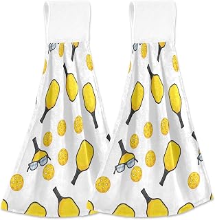 Pickleball Paddles Balls Yellow Kitchen Towels with Hanging Loops 2 Pack, Hand Towels for Bathroom Absorbent Coral Velvet Soft Tie Dish Towels Sets