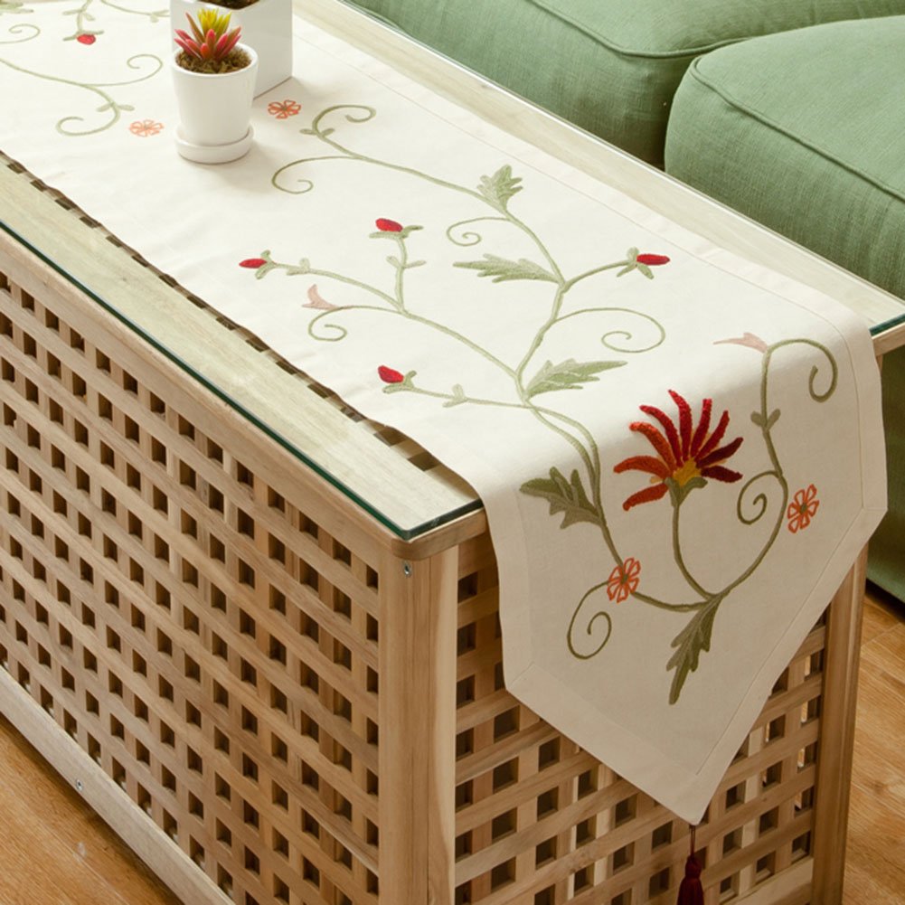 Beautiful Red Flowers Green Vine Cotton Linen Table Runner with Tassles, 70.9 x 15.7inches