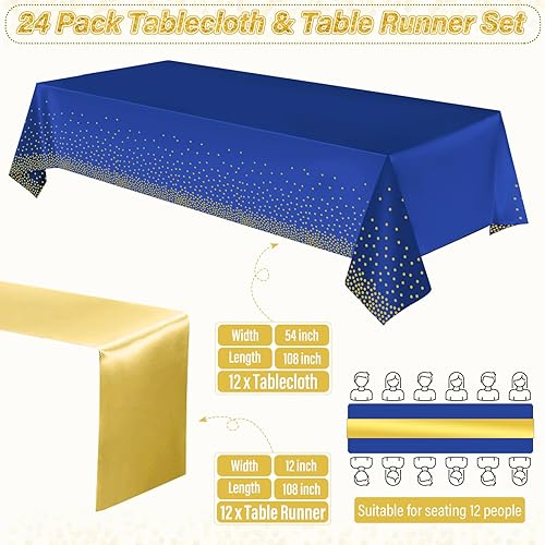 Miniatura 48 de Paquete de 12 manteles y caminos de mesa azules y dorados para decoración de fiesta, mantel desechable de plástico azul real y dorado y camino