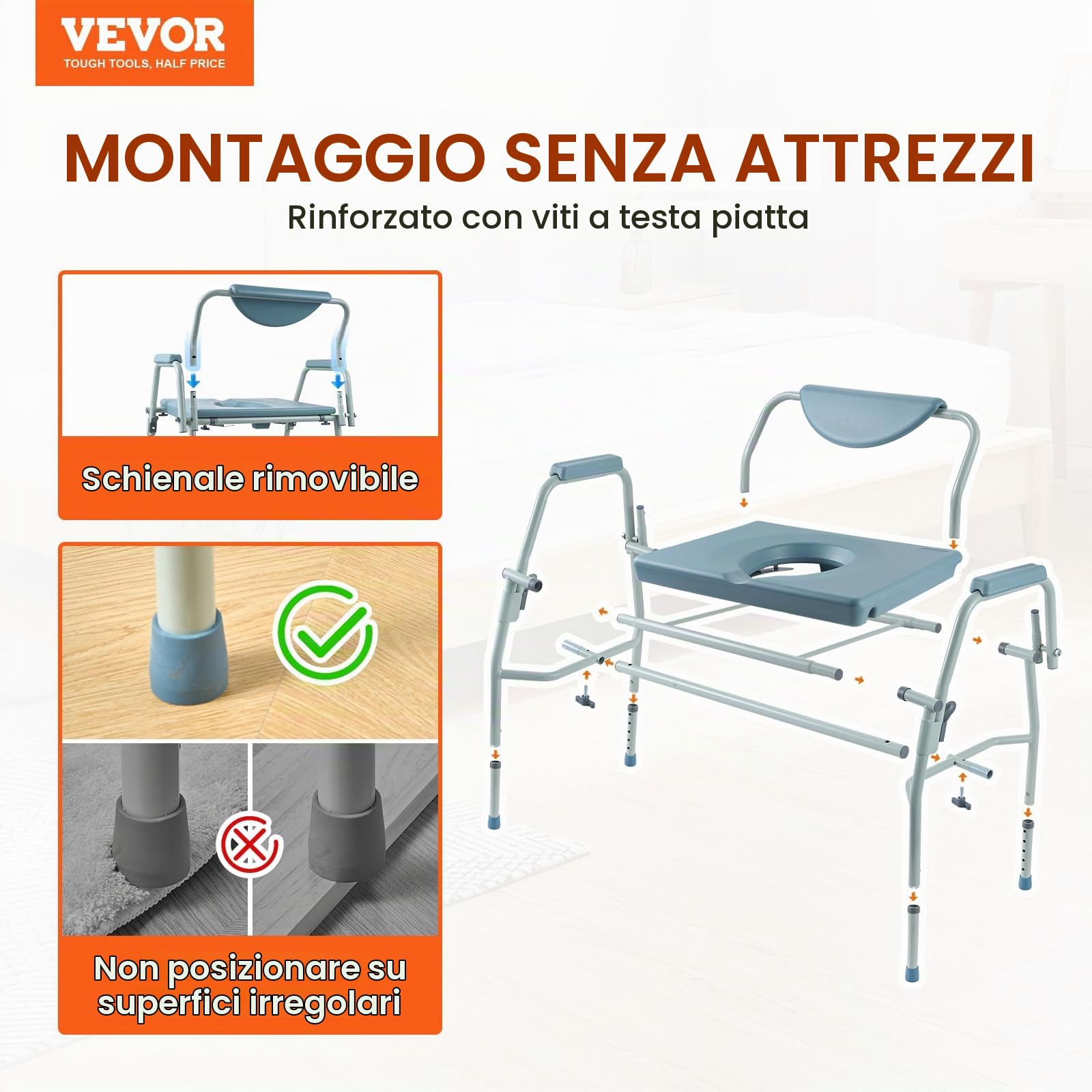 VEVOR Sedia da toilette, braccioli ribaltabili Schienale Staccabile, Altezza Regolabile 5 Livelli, Secchio Rimovibile da 7 Litri, Facile da Montare, Capacità di 1000LBS, Toilette Portatile