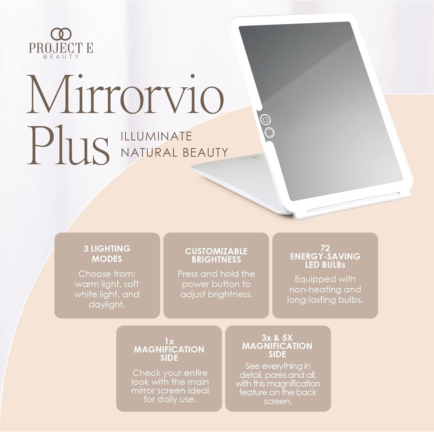 Project E Beauty Mirrorvio Plus LED Travel Mirror Lighted Makeup Mirror with 1x 3X 5X Magnification | Rechargeable Vanity Mirror for Desk | 3 Lighting Modes | (1X 3X 5X Magnification)