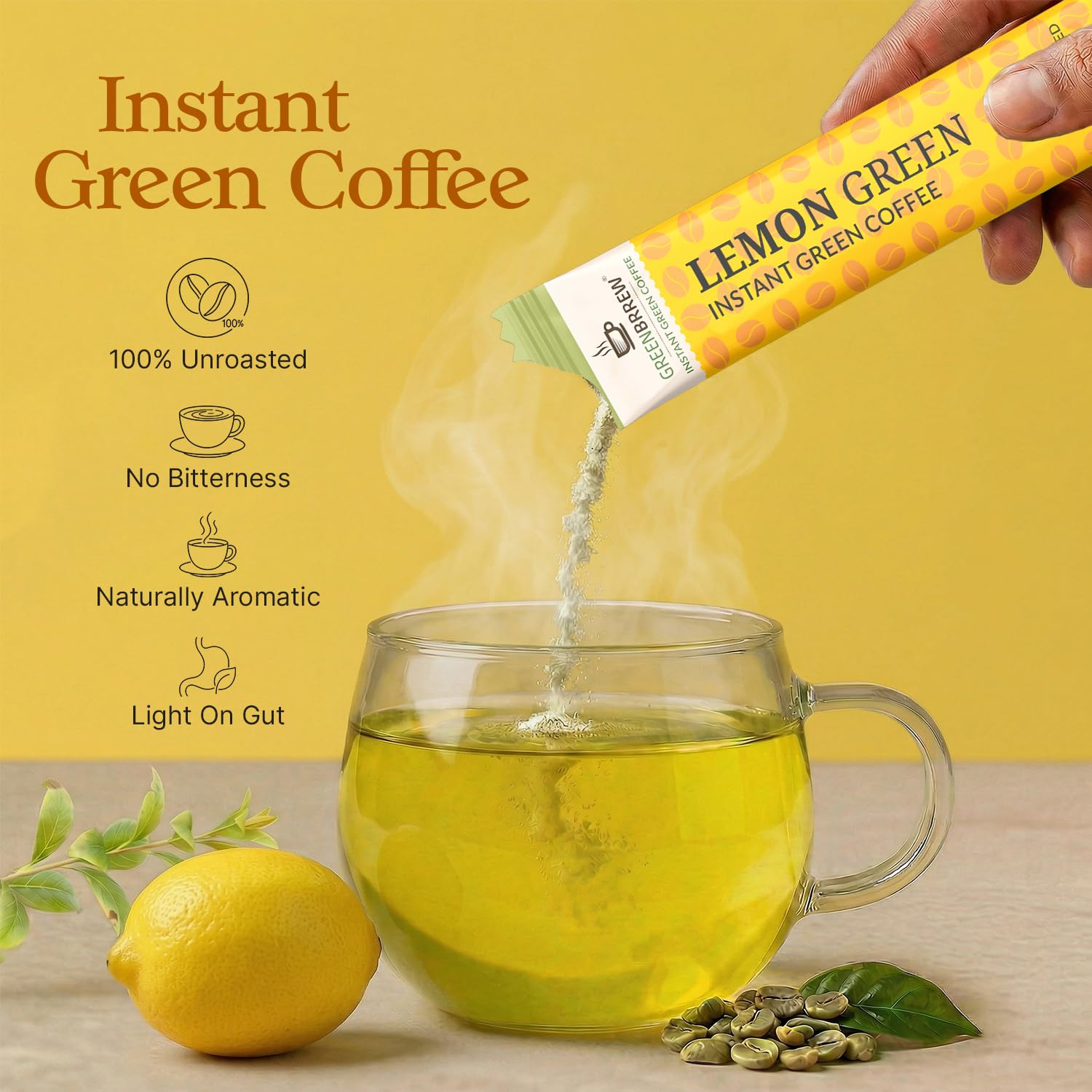 Greenbrrew Lemon Instant Green Coffee - 100 Easy Mix Sachets, Pack of 5 (300g) 3