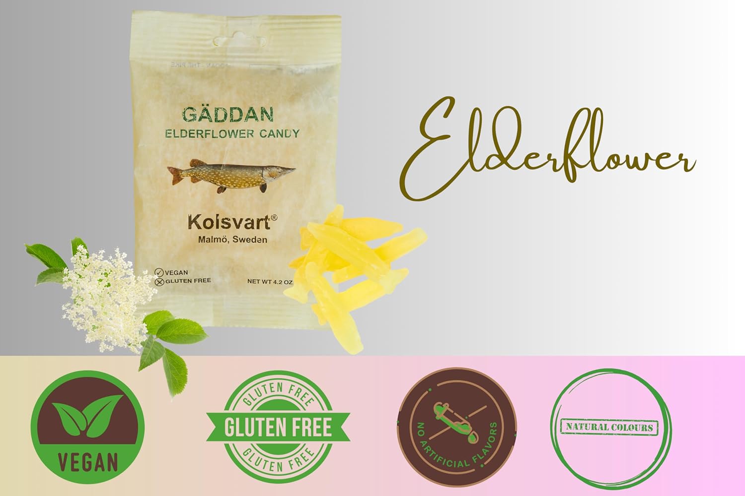 Kolsvart Elderflower Swedish Candy – Vegan & Gluten-Free Gummies with Natural Floral Flavor – Scandinavian Fruit Candy – 4.2 oz Each (Pack of 5)