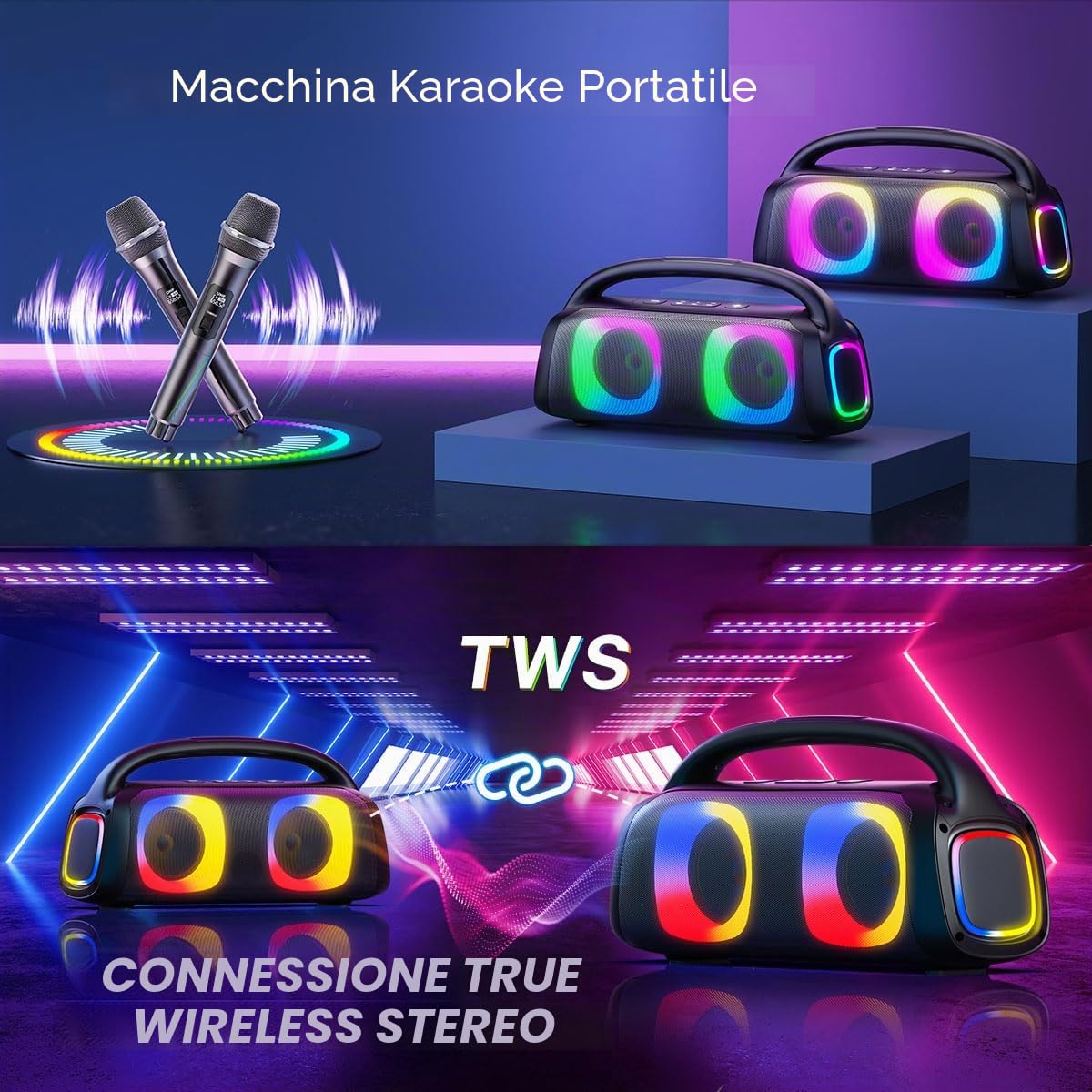 JYX Karaoke con 2 Microfonos, Bluetooth Cassa Karaoke Professionale Completo con Suono Stereo Potente, 2 Karaoke Microfoni Wireless 30M, TF/USB/AUX, RGB, Lunga Autonomia