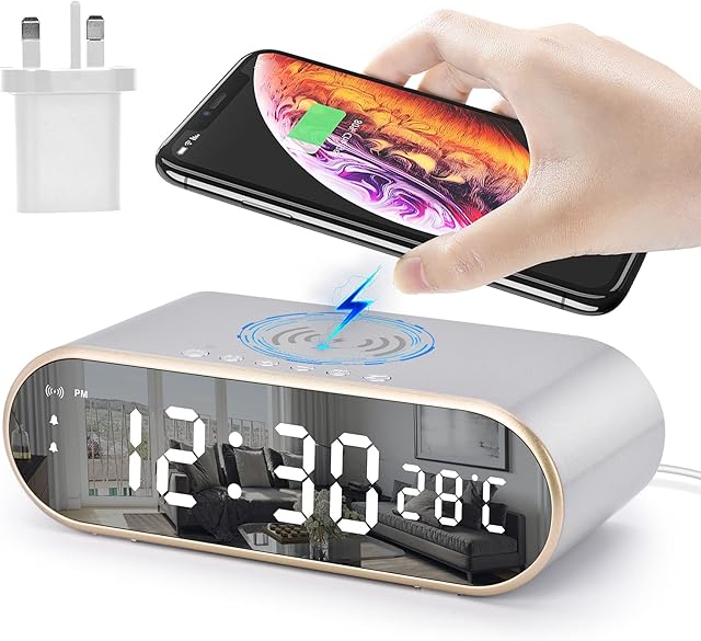 U-picks Alarm Clock with Qi wireless charging,max 15W fast charging ,Bedside Digital Desk Clock with Adapter/Snooze/Dual Alarm /Temperature/4 Brightness, Digital Alarm Clock for Office,Bedroom-Silver
