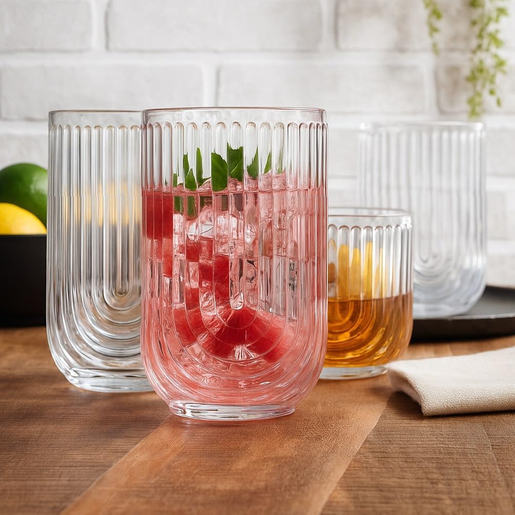 Glaver's 16-Piece Drinking Glass Set, Art Deco Ribbed Arch Design, Clear U-Shape Glassware, 17oz Highball and 11oz DOF Glasses
