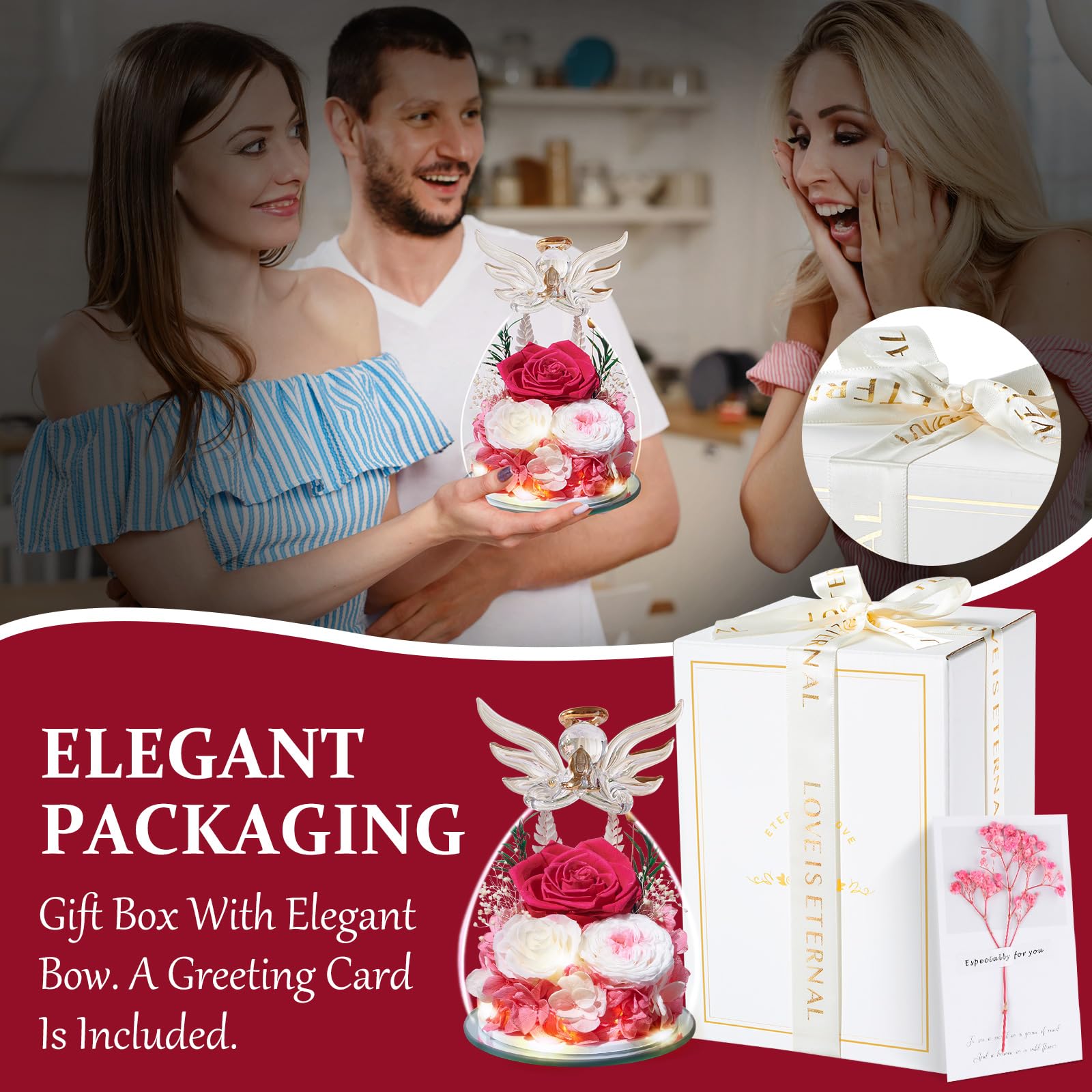 Touloube Festa della Mamma Rosa Stabilizzata Vera Regalo, Regalo Rosa Eterna con Angelo e Luci LED, Regalo Compleanno Anniversario San Valentino per Fidanzata, Moglie, Mamma, Donna, Madre, Nonna