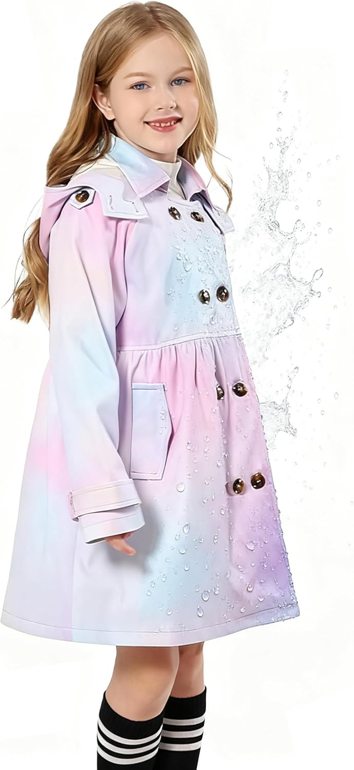 Girl's Trench Coat Hooded Waterproof rain jacket Outerwear 6-14 Years