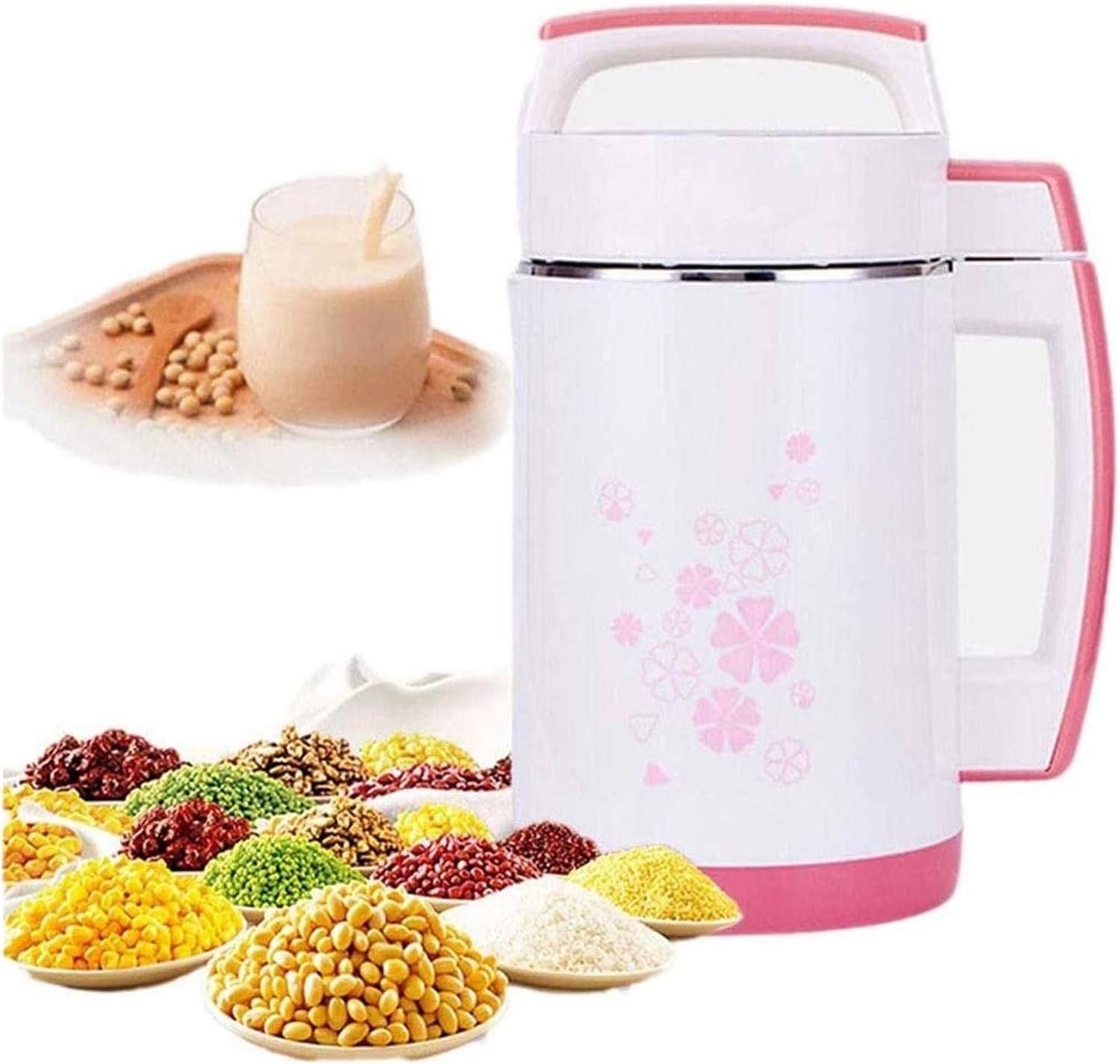 Soymilk Maker Automatic Soybean Milk Machine Magnetic Control Cover Stainless Steel Liner Heating Juicer for Rice Paste - 2L 110V (Pink)