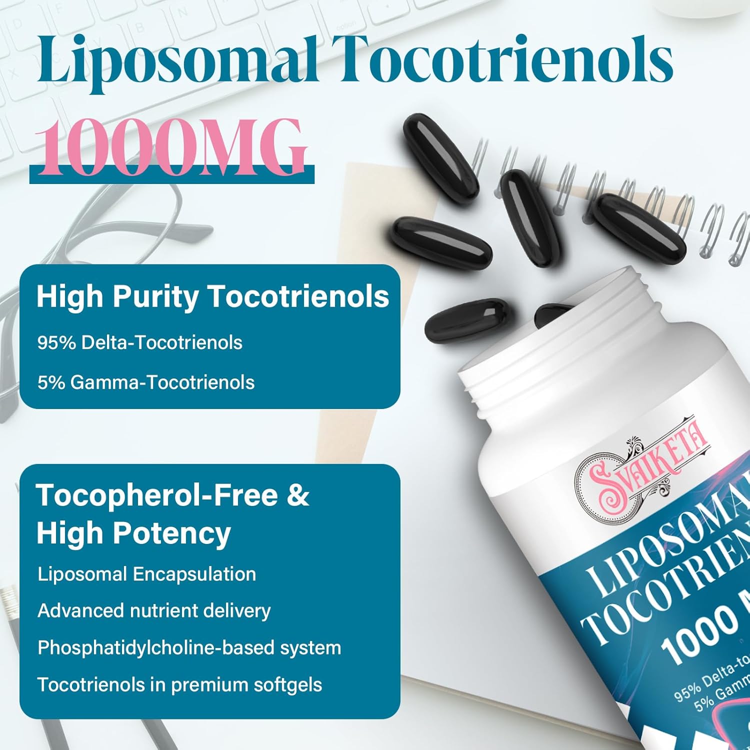 Liposomal Tocotrienols Supplement 1000mg, Vitamin E, Advanced Formula with 95% Delta-Tocotrienols & 5% Gamma-Tocotrienols - 60 Softgels (2 Bottles)