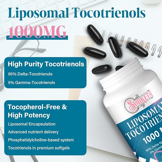Liposomal Tocotrienols 1000mg Softgels Advanced Absorption Vitamin E Complex with 95% Delta & 5% Gamma Tocotrienols, 60 Count