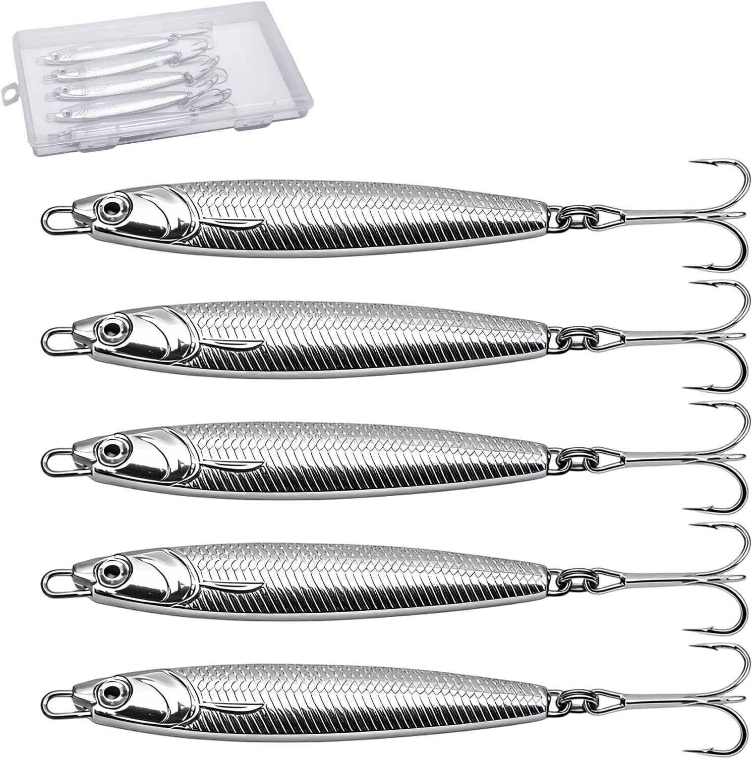 5 Pcs Metal Sea Fishing Lures with Trebles Hooks Silver Minnow Spoon Sea Fishing Tackle Mackerel 30g Pike Sea Fishing Tackle Metal Jigs for Mackerel & Cod & Bass & Freshwater, UK