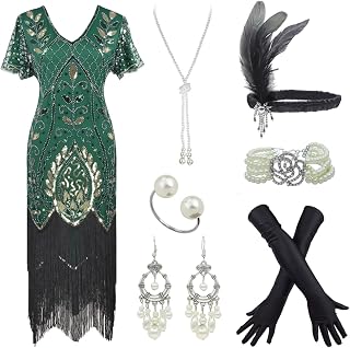 Women 1920S V Neck Sequined Beaded Gatsby Flapper Dress with 20s Accessories Set