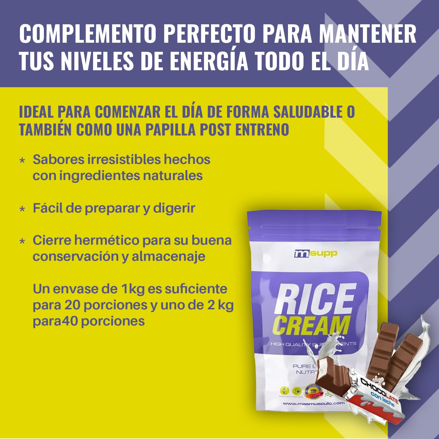 MASmusculo - Crema di Riso Fitness - Polvere - Vasetto da 2 kg - Fonte di Carboidrati - Appetito Soddisfacente - Ideale da Miscelare con Proteine ​​- Gusto Cioccolato al Latte