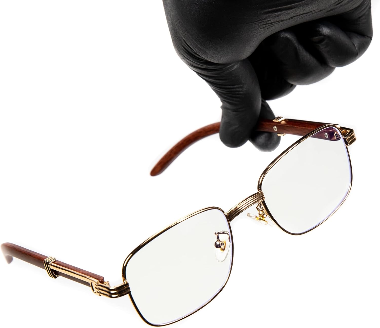 Street Knitted Men's Retro 90's Large Luxury Classic Square Aviator Gold Frame Eye Glasses Woodgrain Vintage Rectangle Hip Hop Clear Lens Pilot Glasses For Men