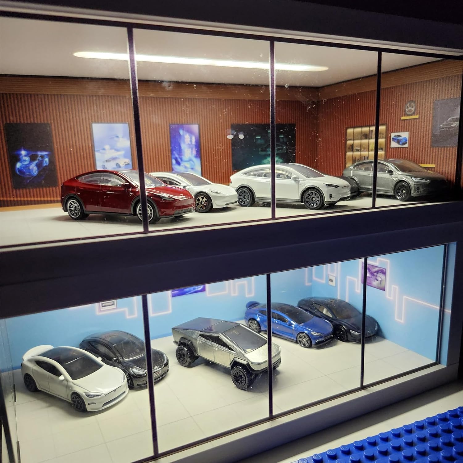 kivcmds Display Case for Hot Wheels & Matchbox Cars with USB Lights,1/64 Scale Diecast Model Car Storage Car Showroom Scene Diorama Parking Garage (Brown)