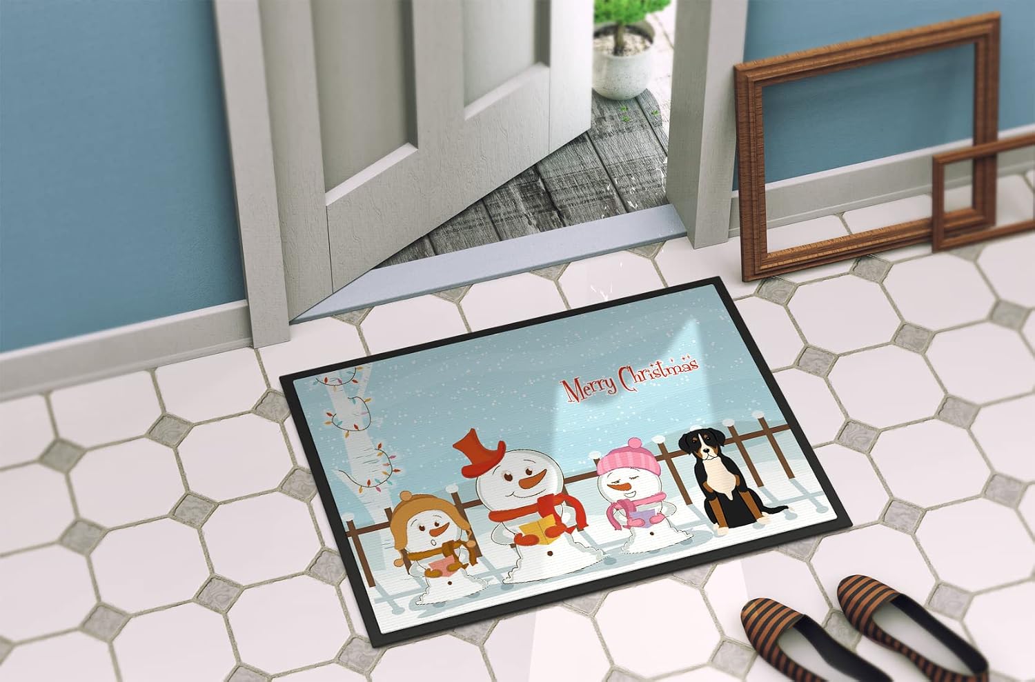 Caroline's Treasures BB2368MAT Merry Christmas Carolers Greater Swiss Mountain Dog Doormat 18x27 Front Door Mat Indoor Outdoor Rugs for Entryway, Non Slip Washable Low Pile, 18H X 27W