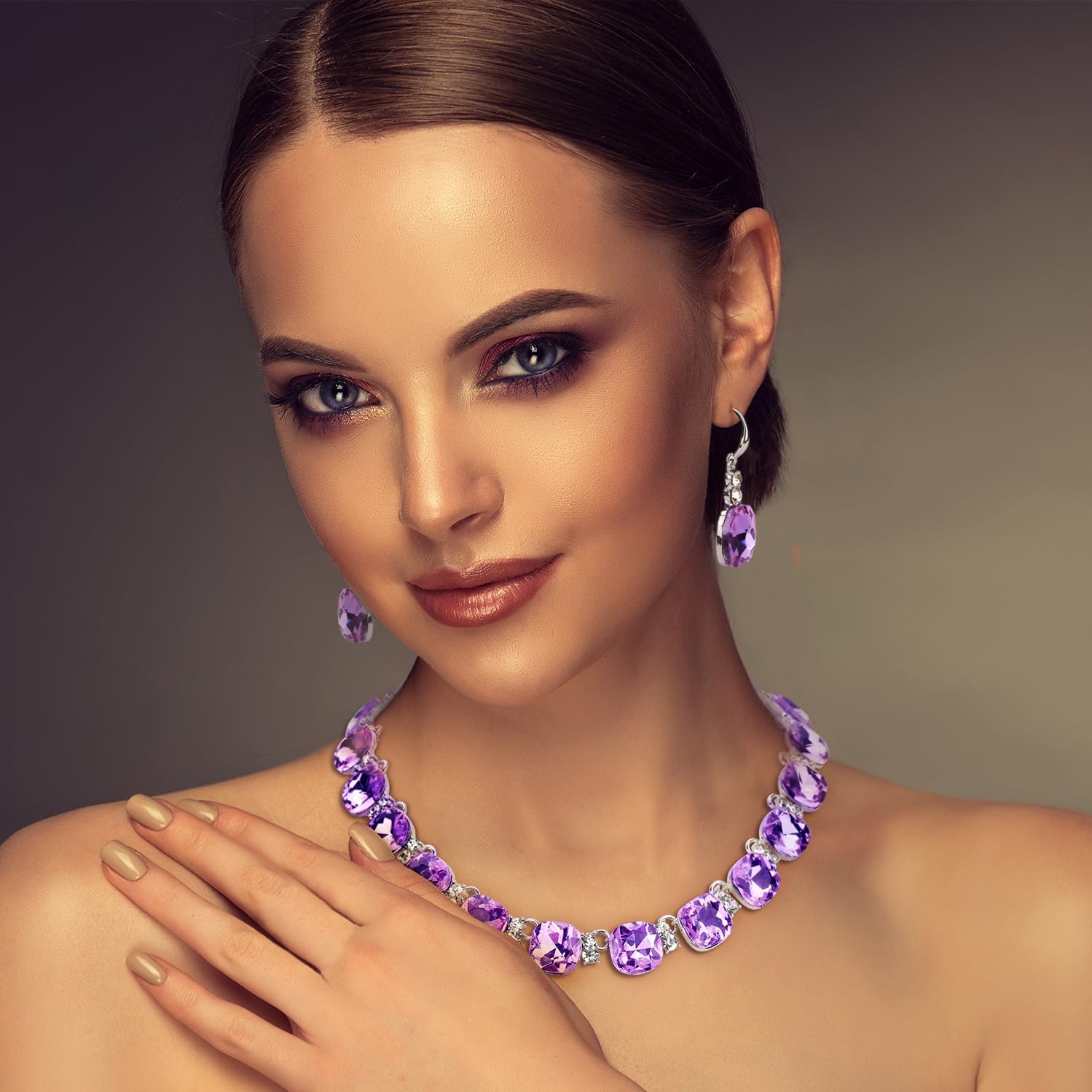 Clear Purple Austrian Crystal Wedding Bridal Jewelry Set for Brides Bridesmaid, Gemstone Statement Necklace and Earring Set Formal Prom Jewelry Set for Silver-Tone Fit With Wedding Evening Dress - Image 3