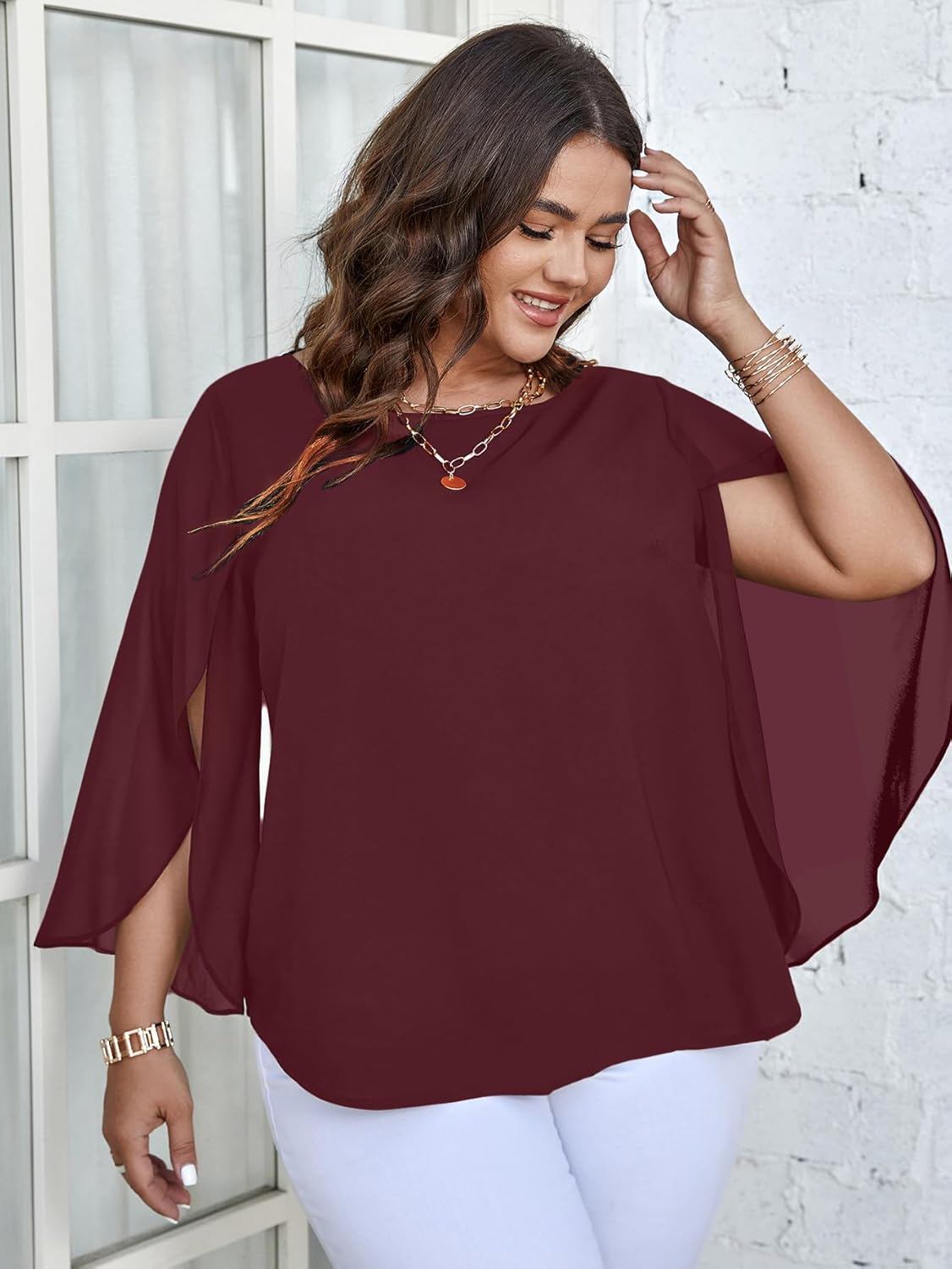 SCOMCHIC Plus Size Blouses for Women Summer Chiffon 3/4 Sleeve Tunic Tops Dressy Scoop Neck Casual Loose Flowy Shirts - Image 4