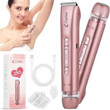 2 in 1 Women Electric Shaver Dual Head Bikini Trimmer for Women IPX7 Waterproof Wet & Dry Use Body Hair Trimmer and Facial Hair Remover for Bikini Underarm Leg Arm Body FaceRose Gold