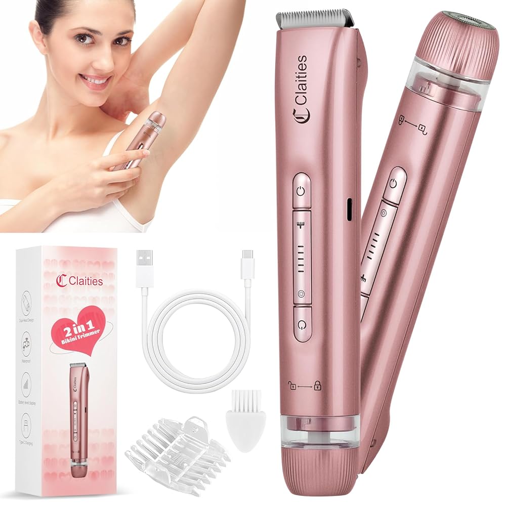 2 in 1 Women Electric Shaver Dual Head Bikini Trimmer for Women IPX7 Waterproof Wet & Dry Use Body Hair Trimmer and Facial Hair Remover for Bikini Underarm Leg Arm Body FaceRose Gold
