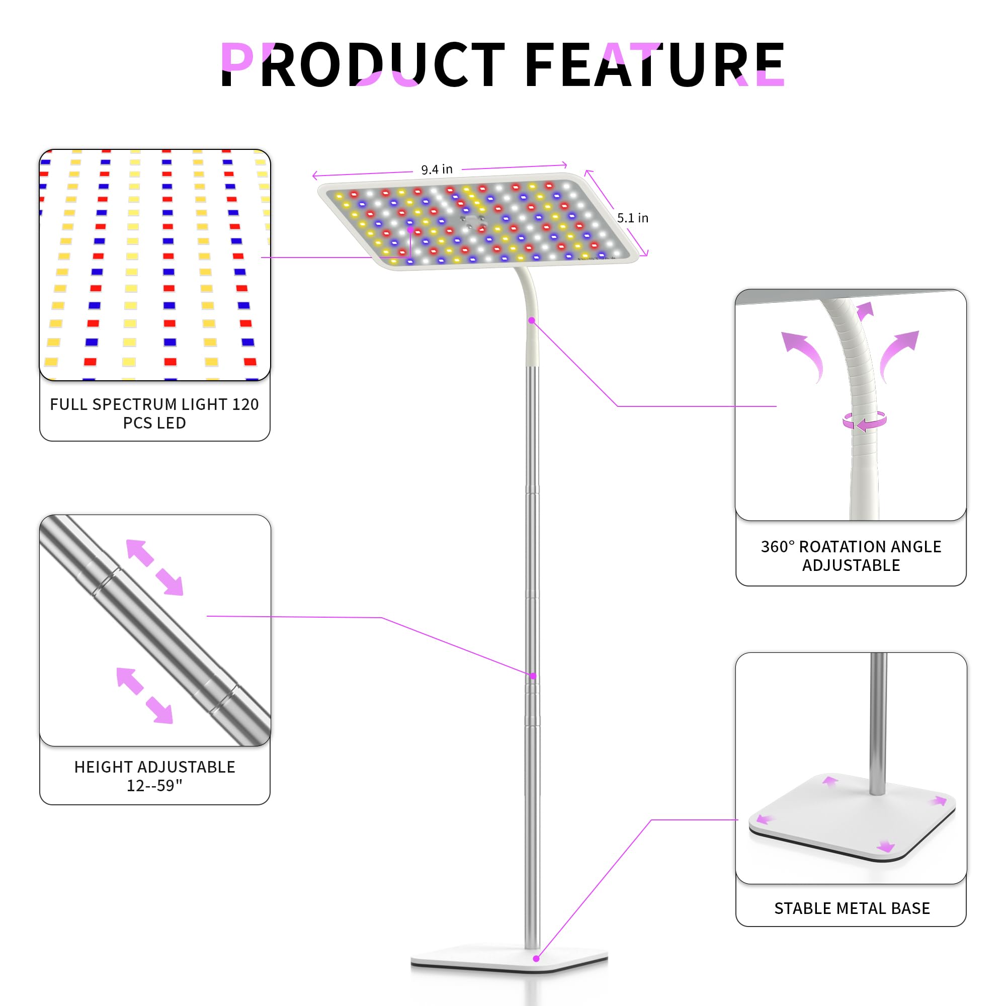BESTVA 18W Grow Lights for Indoor Plants with Stand, Full Spectrum LED Plant Light for Indoor Plants,12-59 Inches Height Adjustable Growing Lamp with Auto On/Off Timer 4H/8H/12H, 4 Dimmable Brightnes