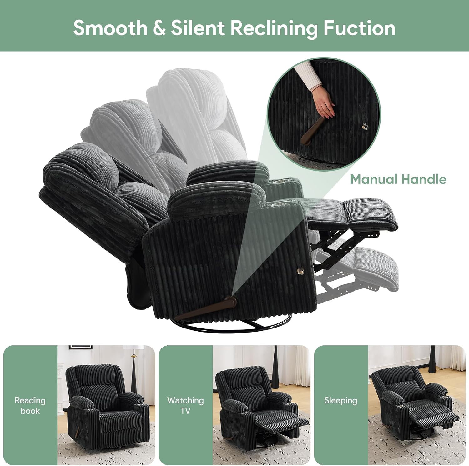 Manual Recliner Chair with Adjustable Headrest, Oversized Swivel Rocker Recliner for Adults with Arm Storage, Nursery Glider Recliner with Phone Stand and Side Pockets for Living Room, Dark Grey