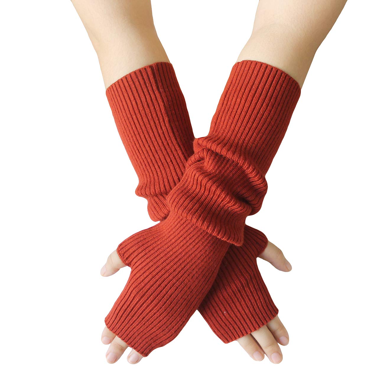 Share Maison Women's Arm Warmers with Thumb Hole 40cm Winter Fingerless Stretchy Wool Long Gloves Sleeves (9-wine red)