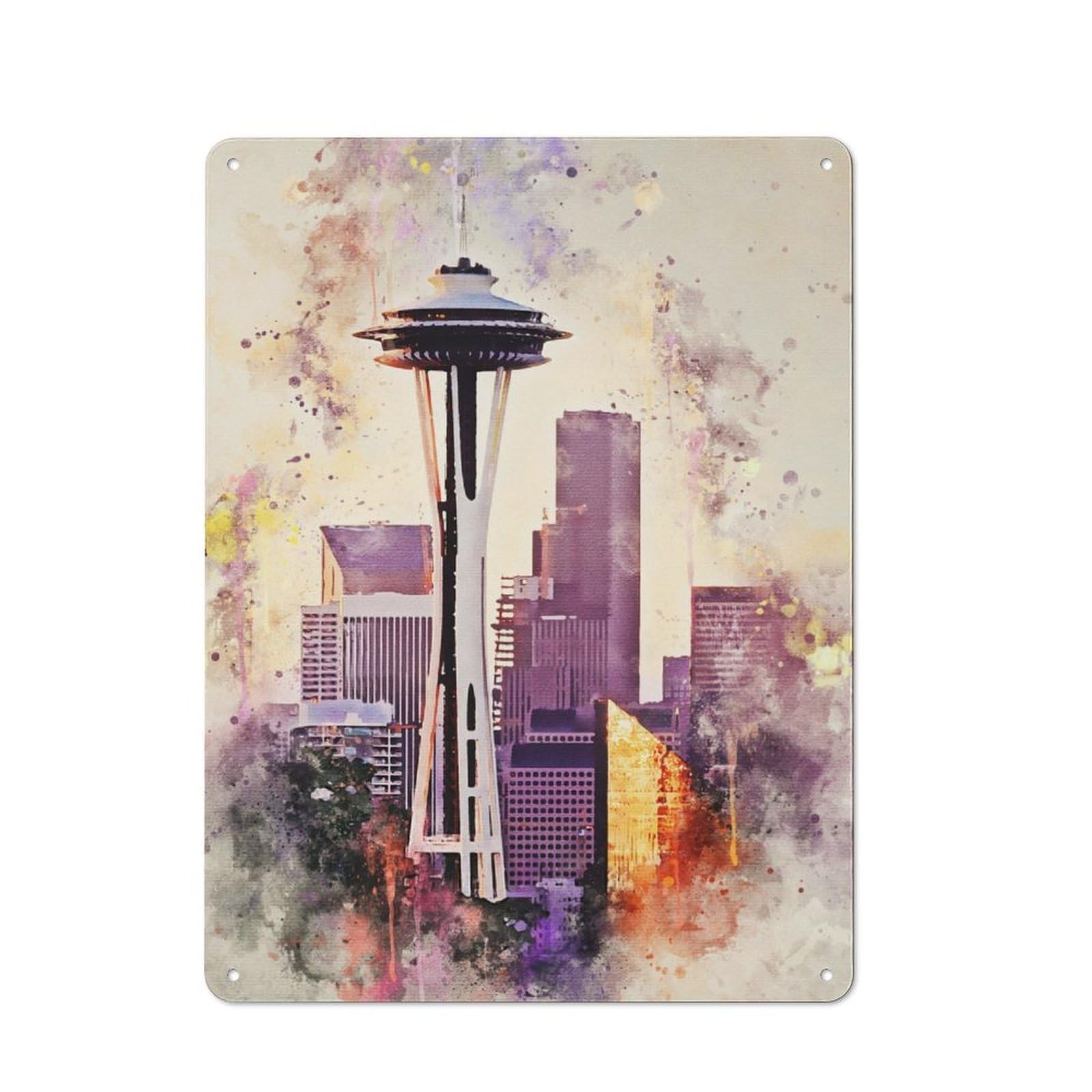 Junmoney Seattle In Watercolor Tin Wall Plaque 40X30cm With For Pub Or Café, For Collectors Of Retro Metal Wall Decor