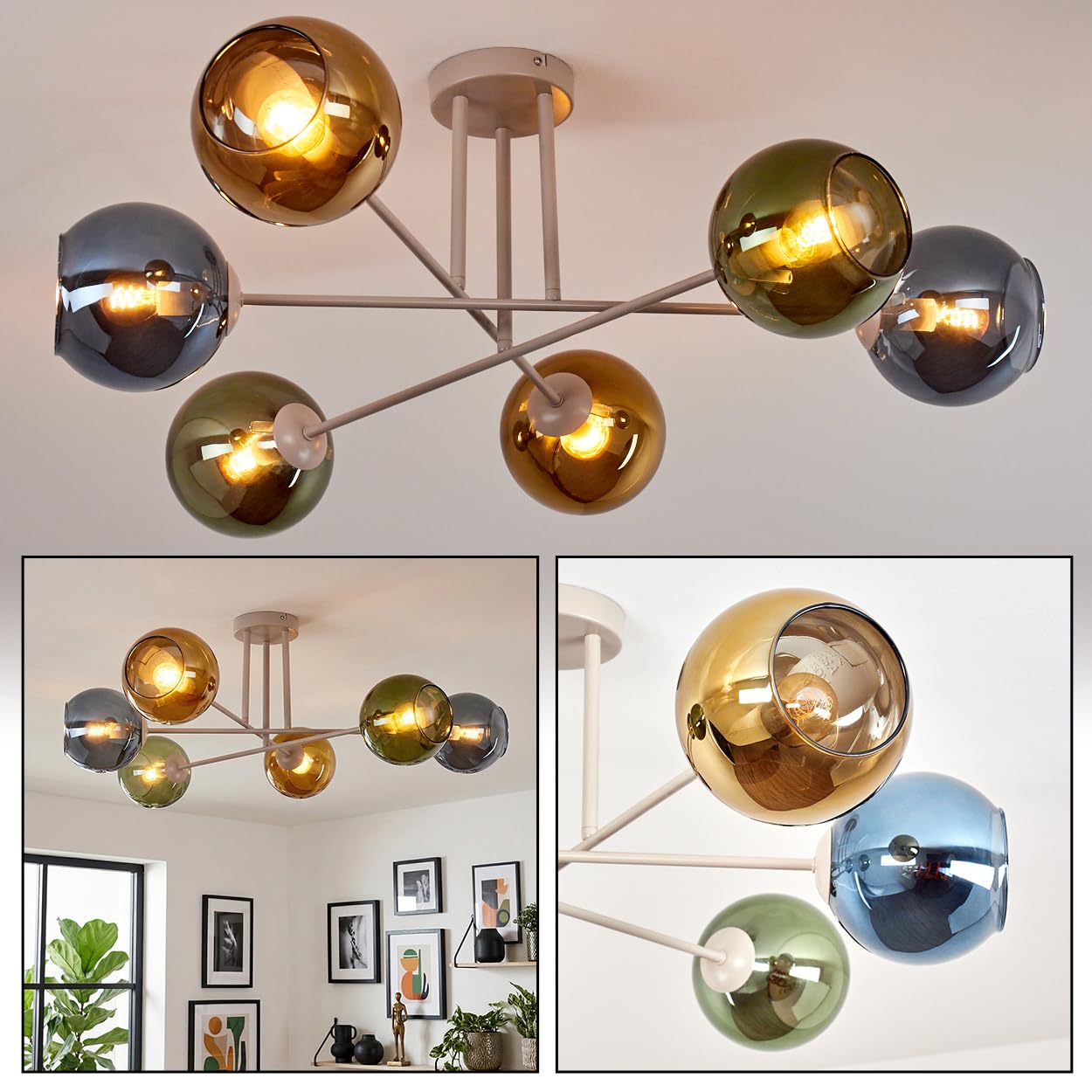 HOFSTEIN Deckenleuchte Koyoto, 6-flammige Deckenlampe aus Metall/Glas in Sandfarben/Blau/Grün/Goldfarben, moderne Leuchte im Retro/Vintage-Design, E14, Esszimmer, Küche, Wohnzimmer, Schlafzimmer