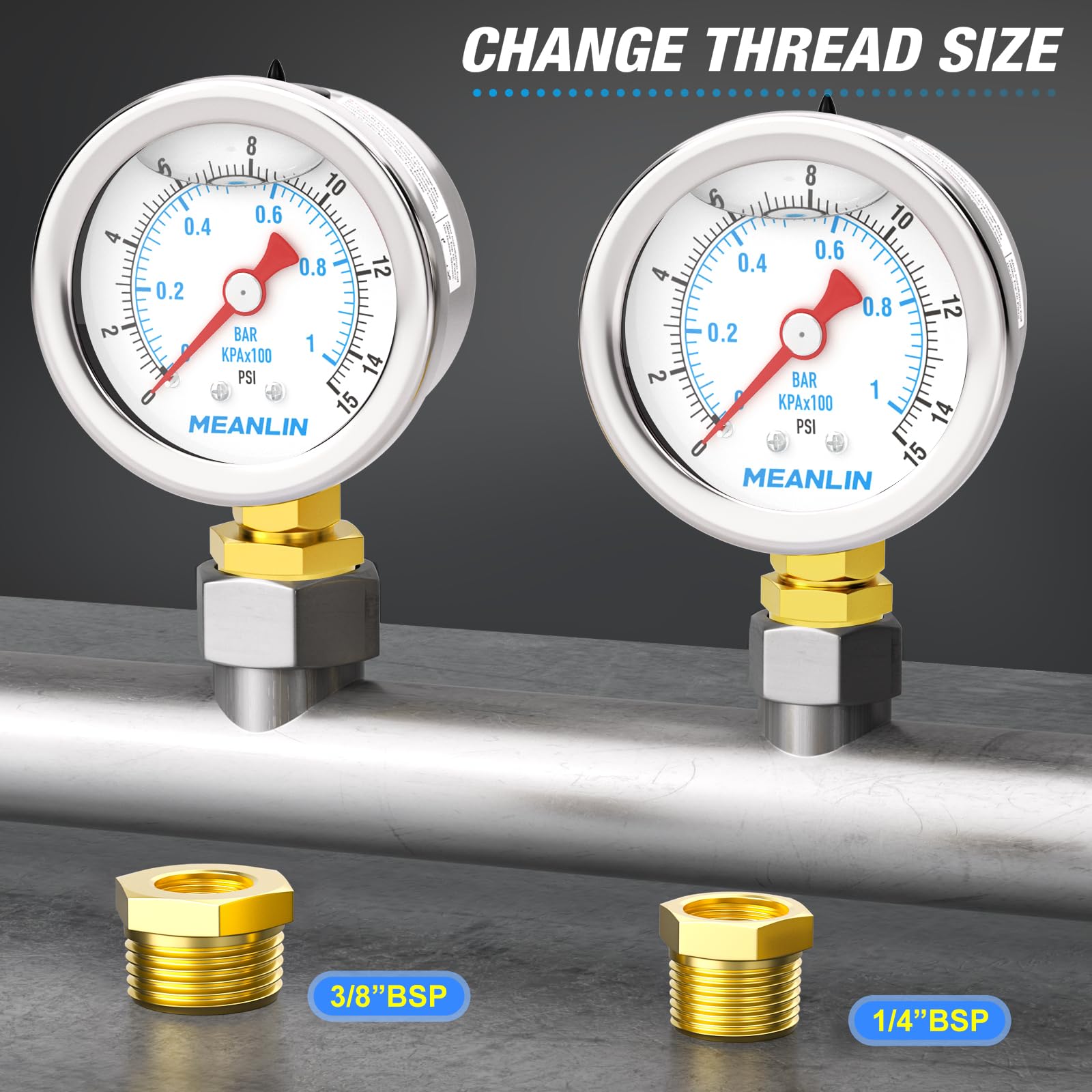MEANLIN MEASURE 0~1BAR/15PSI Manometro in acciaio inox 1/8" BSP 1.5"FACE DIAL,riempito di glicerina,a liquido,acqua olio aria,montaggio inferiore,con boccola esagonale 1/8" x 1/4"BSP e 1/8" x 3/8"BSP