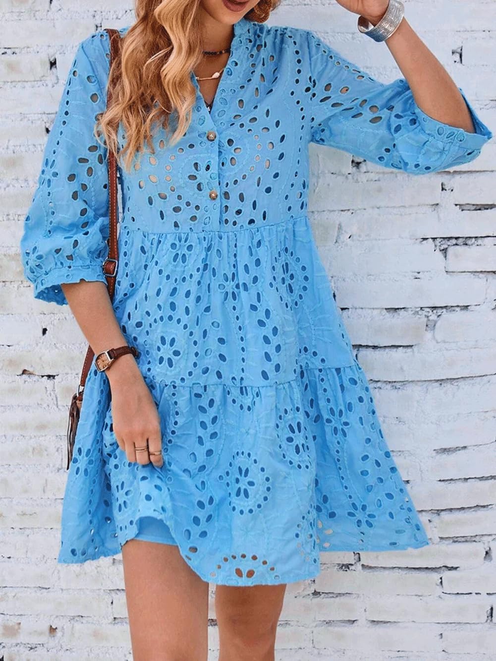 utcoco Women's 2025 Eyelet Lace Midi Dress V Neck Puff 3/4 Sleeve Button Tiered Sexy A Line Sun Dress - Image 2
