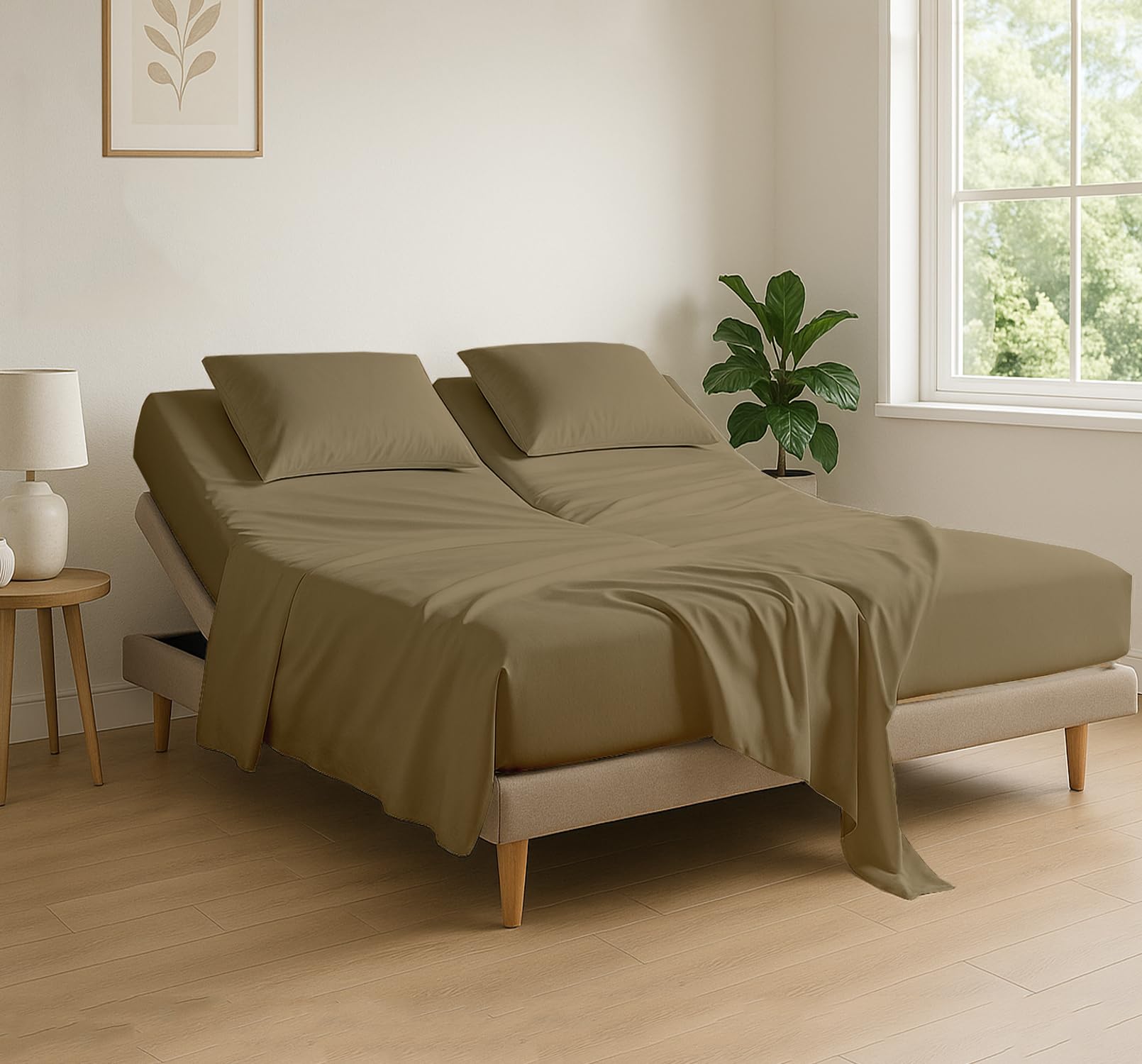 Photo 1 of Cottingon 4 Piece Flex Head King Sheet Set, Top 34 Inch Split Sheets for Sleep Number Adjustable Beds, Soft Breathable 100% Egyptian Cotton, Fits Upto 16" Deep Mattress 78"X80"+ 34", Taupe