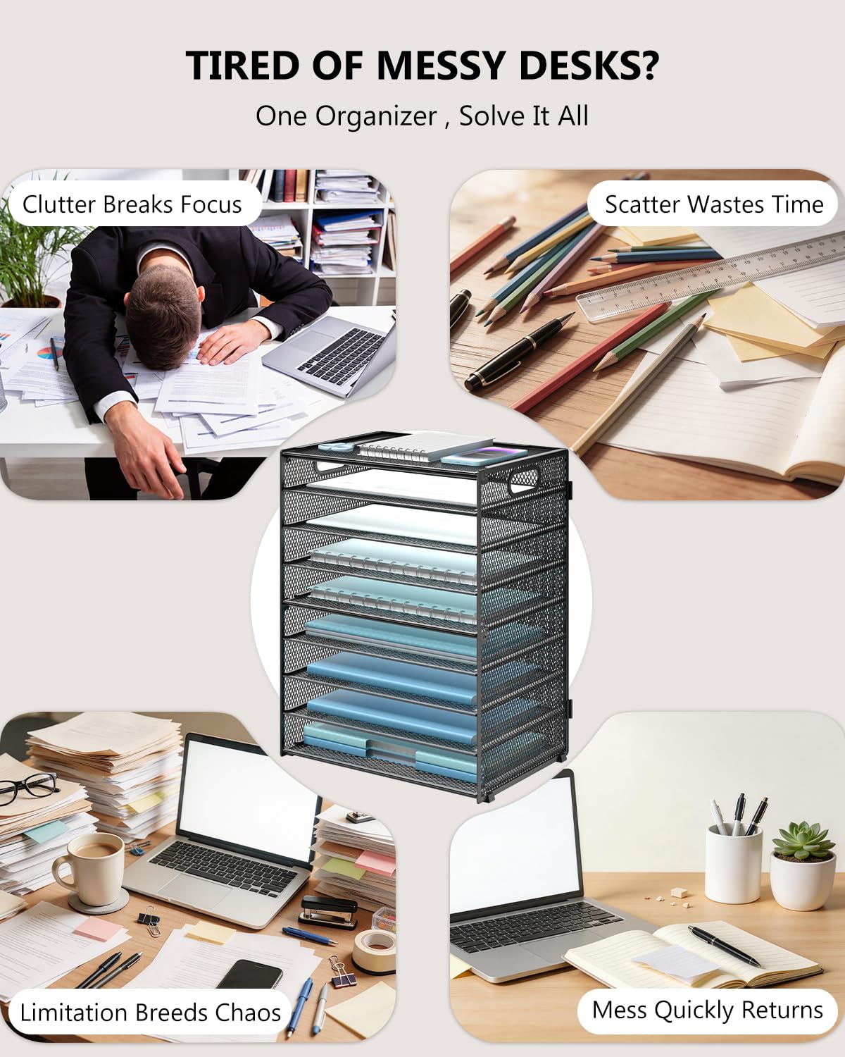 WALI Desk File Organizer, 9 Tier Desktop Paper Letter Tray Organizer with Handle, Office Desk Accessories & Workspace Organizers for Office, Home, School Supplies, 1 Pack, Black view 2