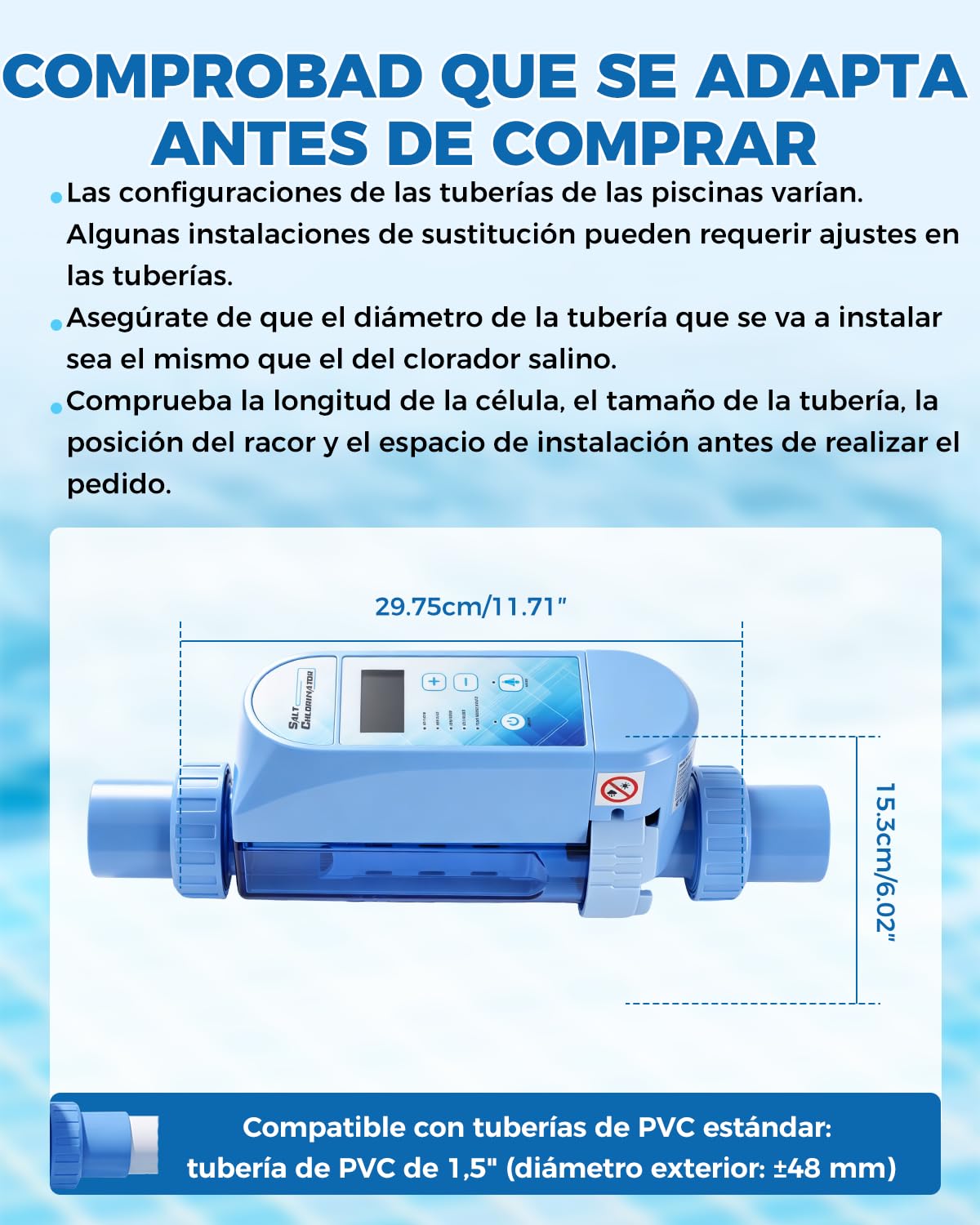 YUCHENGTECH Clorador Salino para Piscinas 12 g/h | Capacidad de Hasta 50 m³ Con Célula de Titanio, Panel de Control LED y Función de Autolimpieza para Piscinas Enterradas