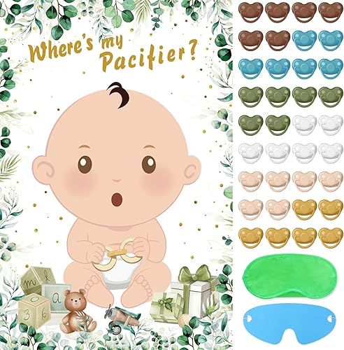 Hxezoc Juegos de baby shower Pin The Chupete en el juego del bebé con 36 calcomanías para chupete, juegos de póster de bebé verde grande para fiesta