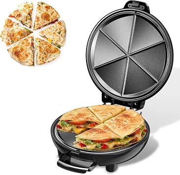Electric Quesadilla Maker, 9.5 Quesadilla Press with Easy Slice 6 Wedge, Non Stick Surface, Locking Latch For Extra Stuffing, Grilled Cheese Corn Flour Tortilla Snacks