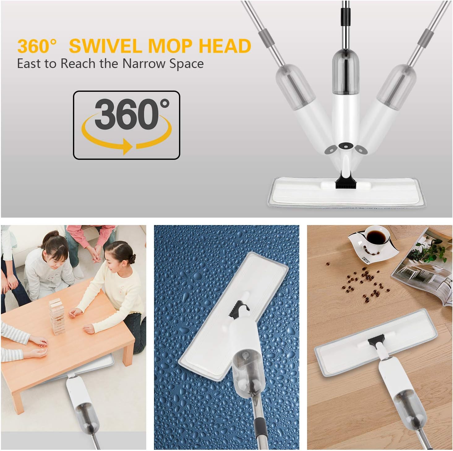 ASOGO Spray Mop for Floor Cleaning, Microfiber Mop with a Refillable Bottle and 2 Washable Pads, Hardwood Floor Mop for Home Kitchen Hardwood Laminate Wood Ceramic Tiles Floor Cleaning (White)
