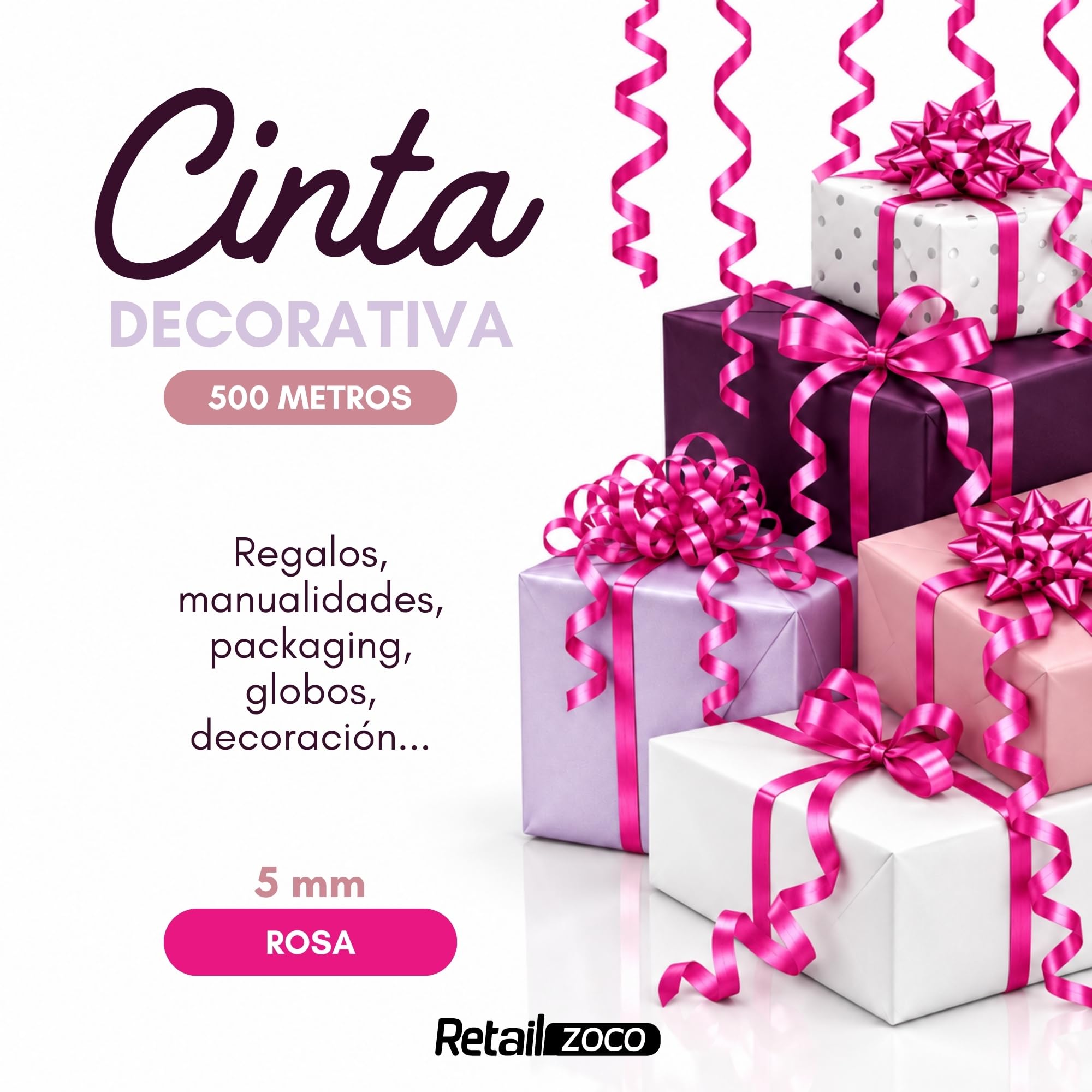 Cinta de regalo, cinta embalar para rizar, 5 mm ancho, 500 metros, Rosa - imagen 2