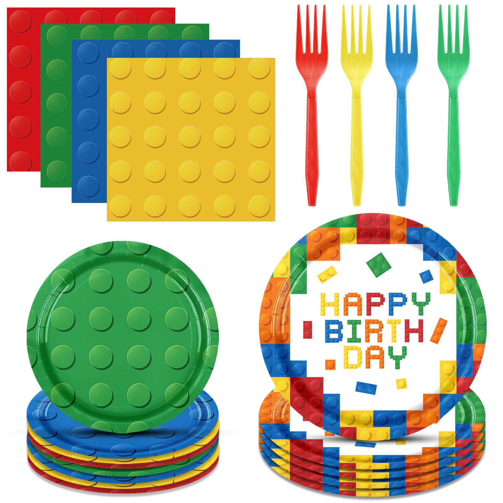 96PCS Building Blocks Birthday Party Supplies Building Blocks Themed Party Decorations Colorful Paper Plates Napkins Forks Set for Boys Kid’s Birthday
