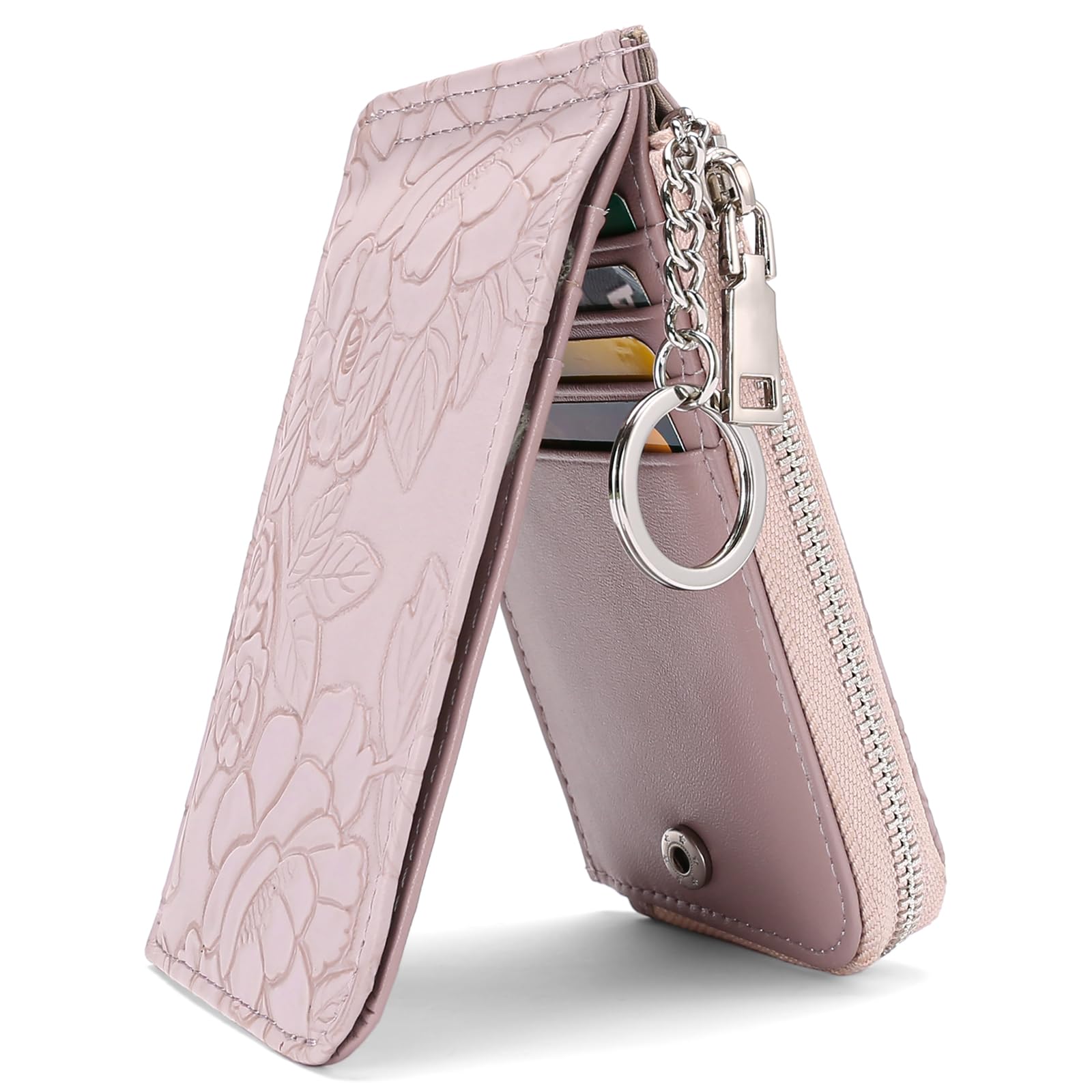 GAEKEAO Small Credit Card Holder Wallet for Women RFID Leather Slim Wristlet Keychain Wallets With Zipper Pocket