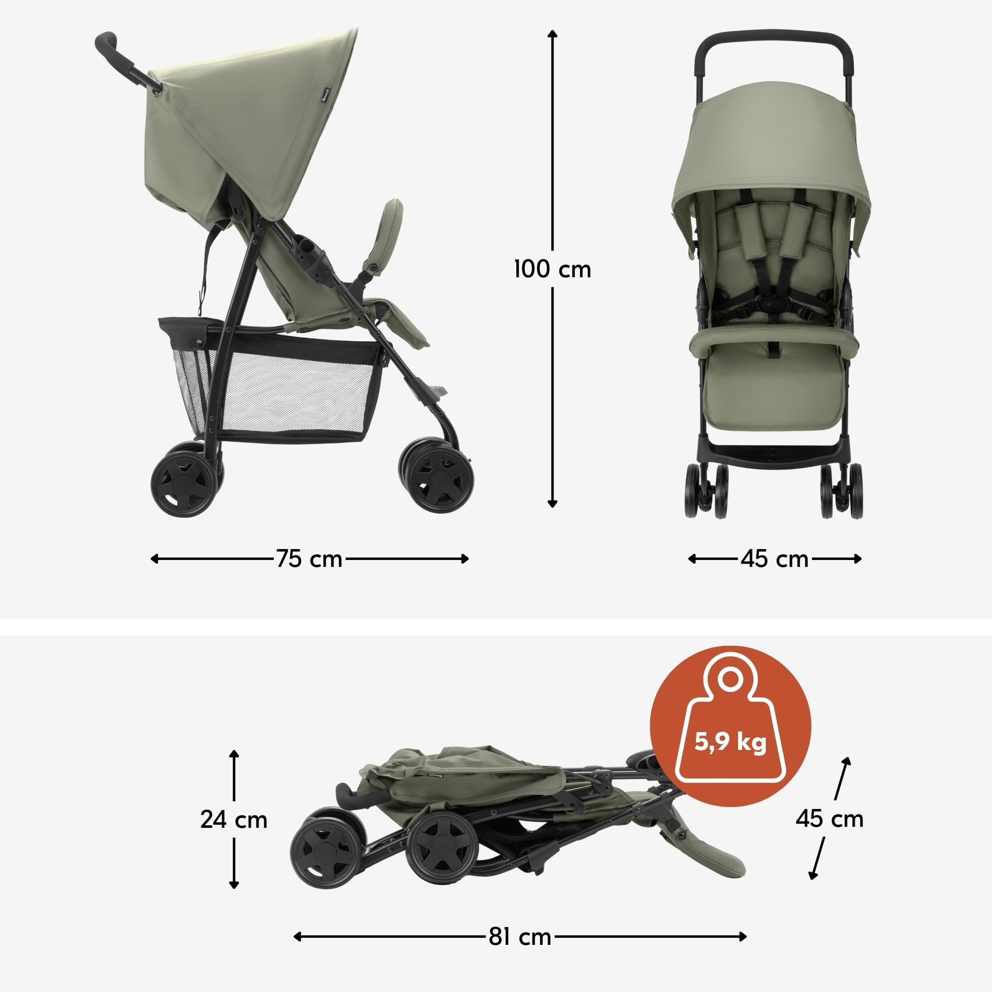 hauck Poussette Compacte Citadine Sport - Ultra Légère Seulement 5,9 kg, Pliable et Inclinable, Jusqu'à 15 kg, Capote Pare-Soleil, Grand Panier 3 kg, Olive