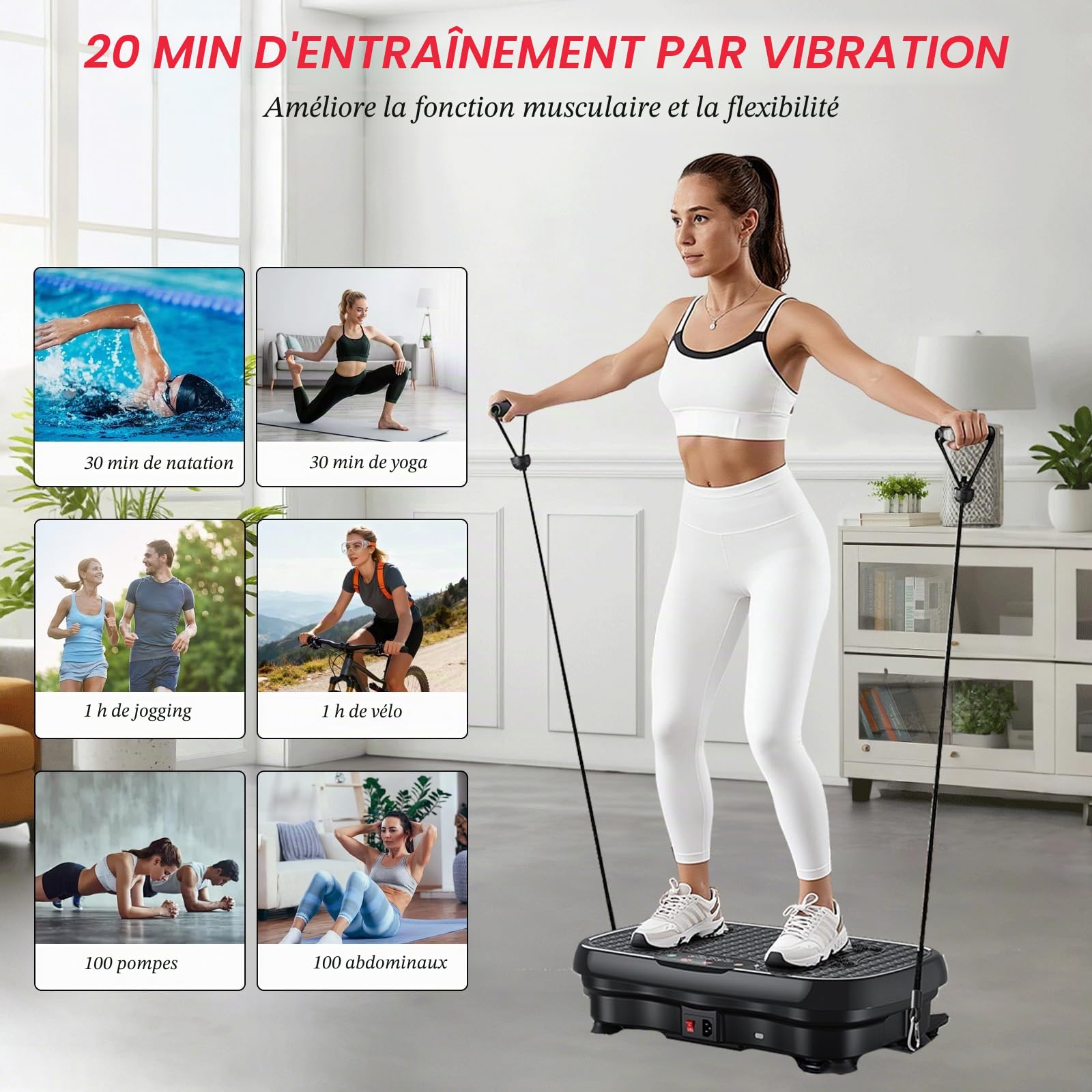 Plateforme vibrante pour la Maison, avec 120 Niveaux d'intensité et 5 Modes, livrée avec 2 Bandes de résistance et Une télécommande, pour la Perte de Poids et Le renforcement Musculaire