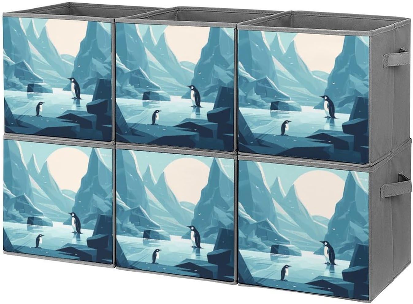 Penguin Icy Landscape Storage Cubes Set of 6 Storage Bins with Handles Collapsible Storage Basket Fabric Storage Box for Shelves Large Closet Shelf Organizer for Organization 11 Inch